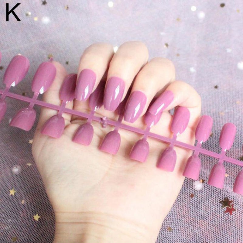 24pcs Solid Color Long Ballet Nail Strips, Top Coat, False Nail Stickers, Solid Color Coffin Nail Style